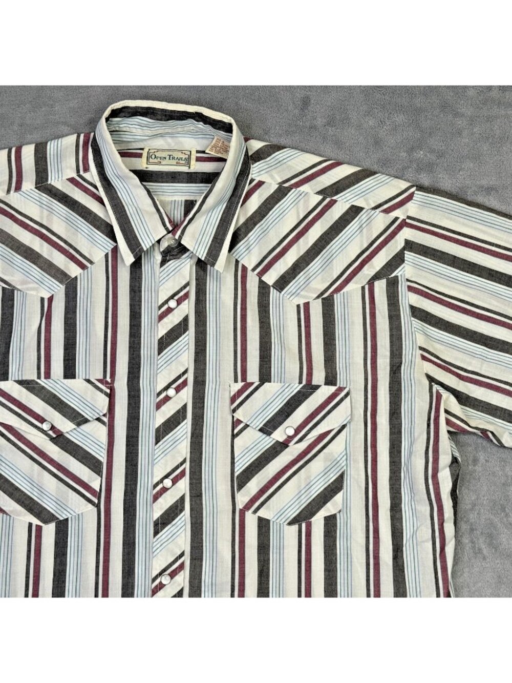 Open Trails Western Shirt Mens XL Pearl Snap White Short Sleeve Striped Vintage
